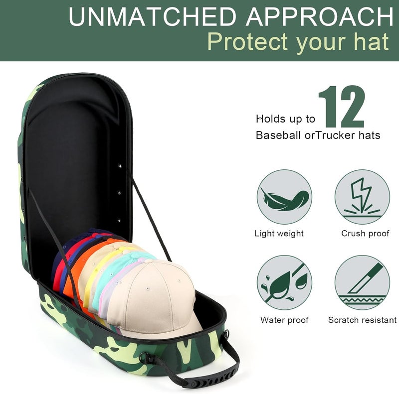 GERMUN Hard baseball hat case, Hat Carrier Travel Case with Adjustable Shoulder Strap, Hat cap case for 12 Baseball Caps - Perfect for Traveling & At-Home Storage (Camo Green) - Image 2